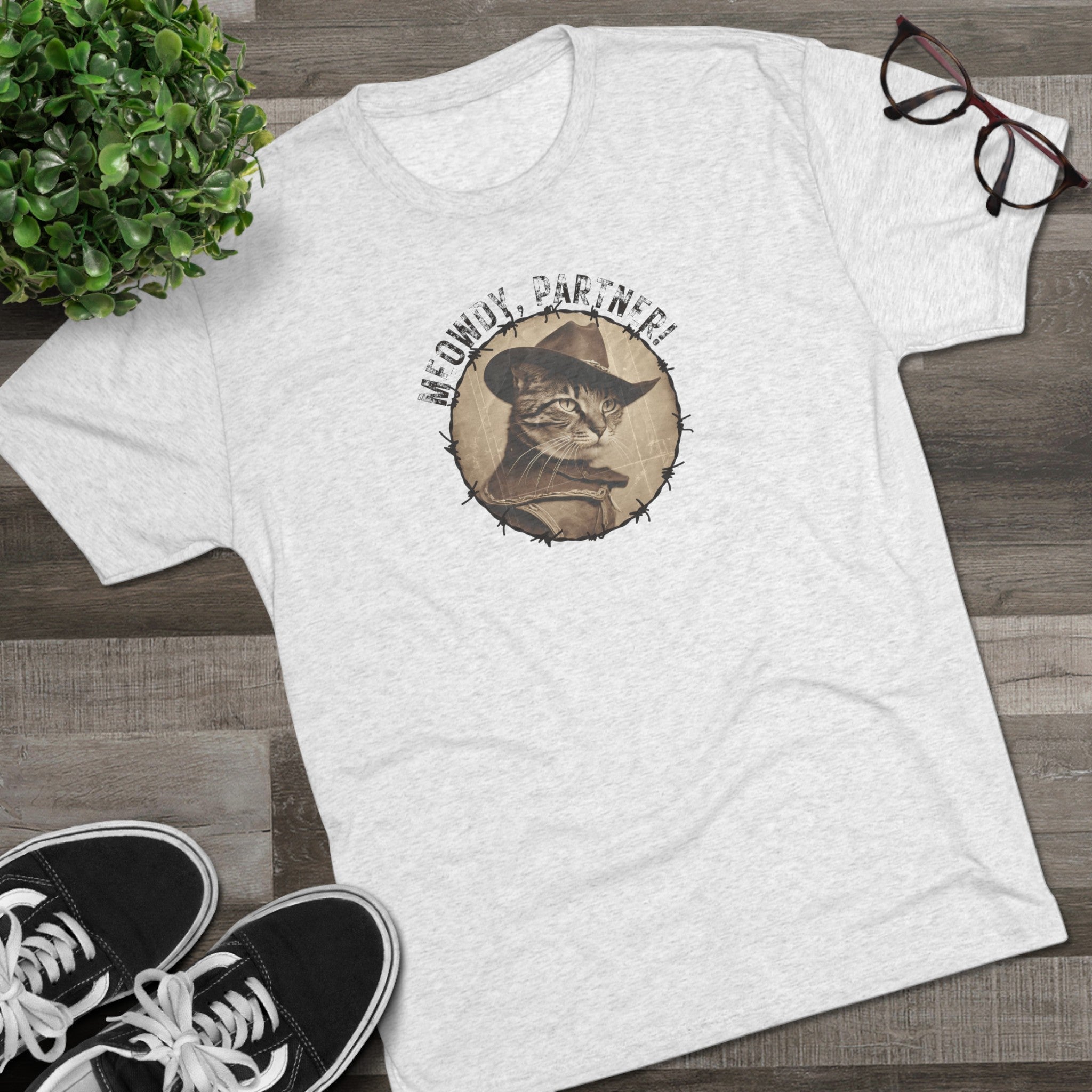 Meowy Partner Tri-Blend Tee – Funny Cowboy Cat Western Shirt
