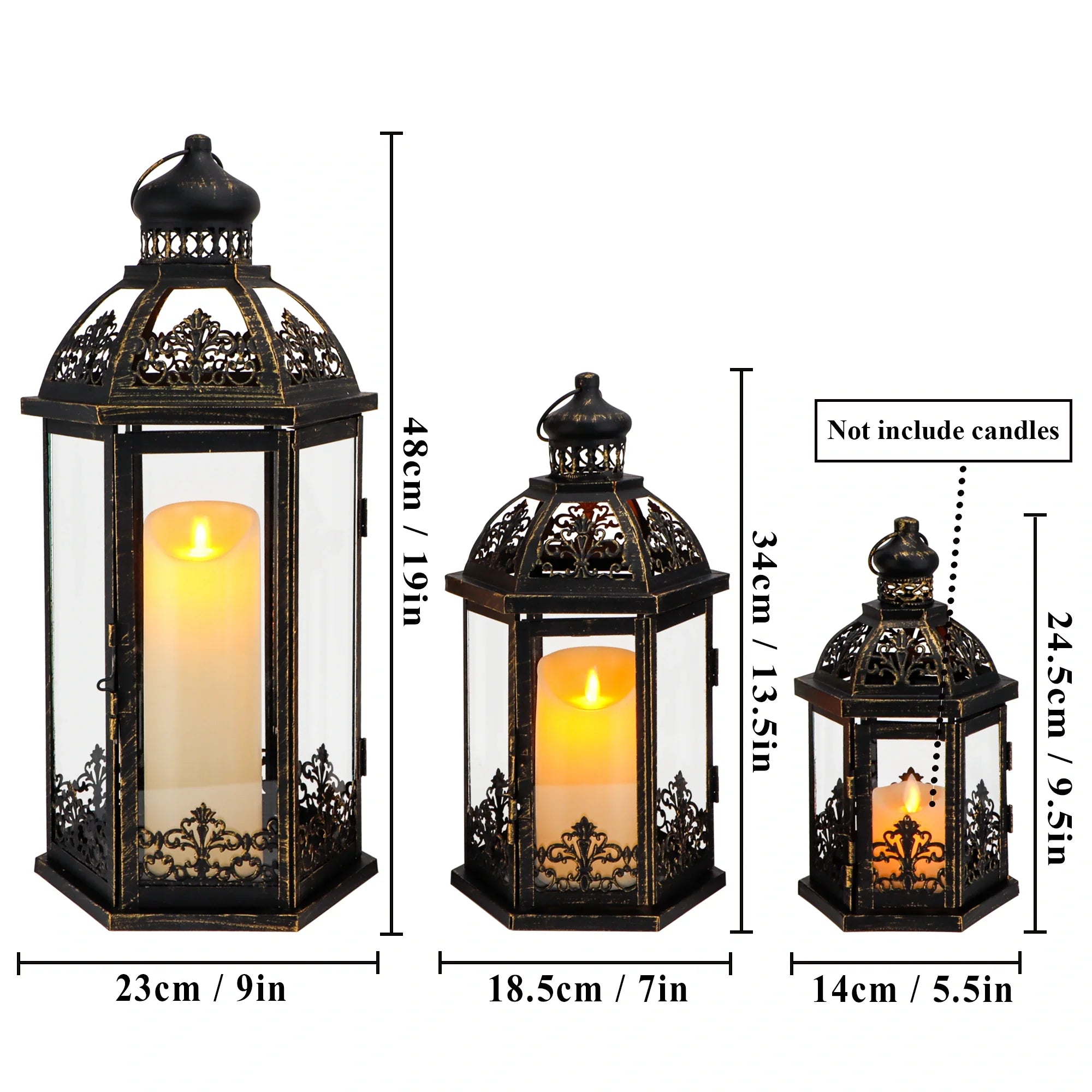 19''&13.5''&9.5" H Vintage Hanging Lantern Set of 3 Decorative Lanterns