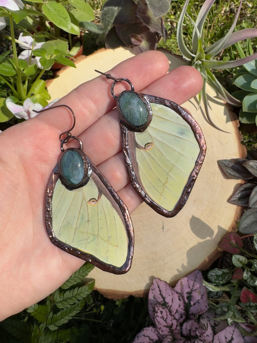 Moss Agate and Luna Moth Wing Earrings