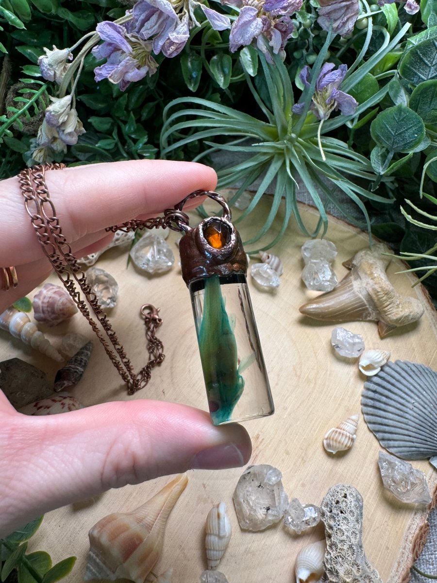 Orange Garnet and Minnow Oddity Vial Necklace