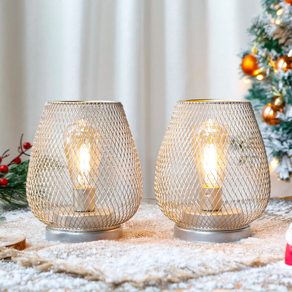 Set of 2-6.7"H Metal Cage LED Lantern（Silver）