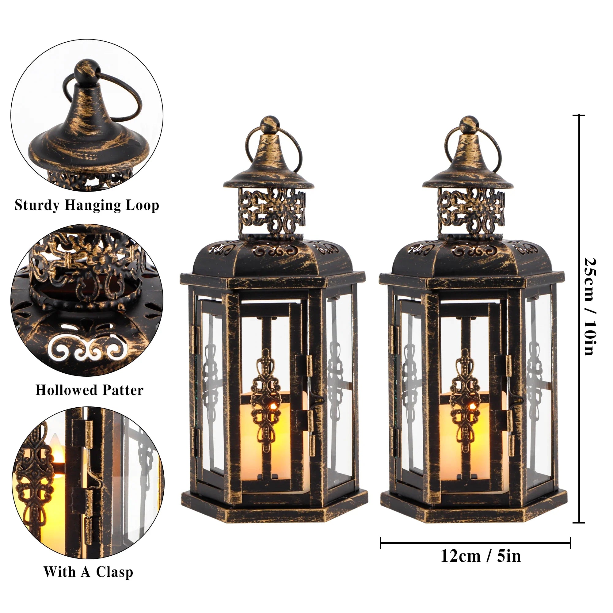 Set of 2 Decorative Lanterns -10 inch High Vintage Hanging Lantern Black