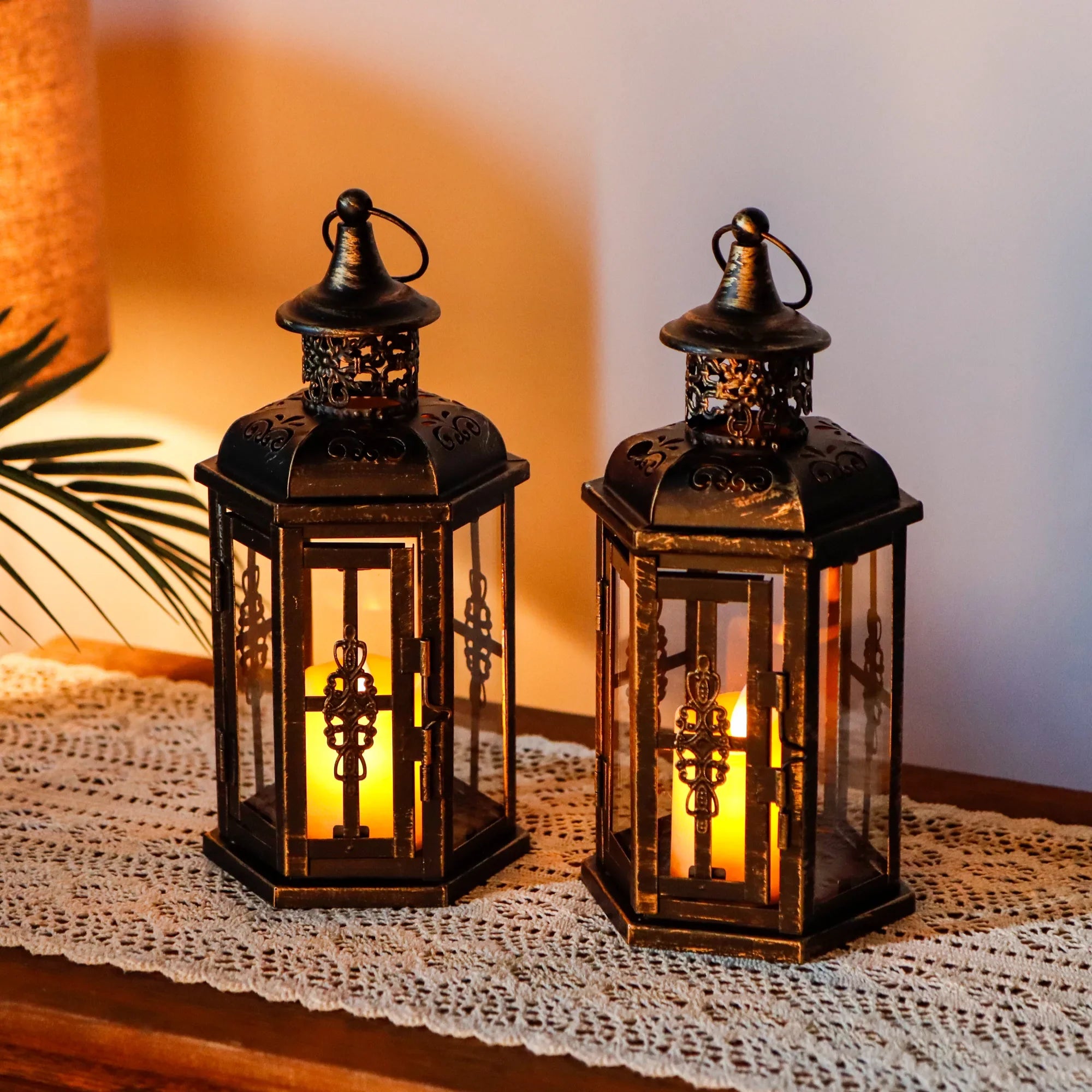 Set of 2 Decorative Lanterns -10 inch High Vintage Hanging Lantern Black