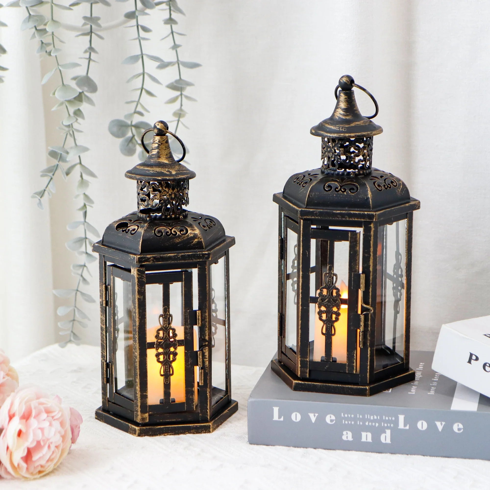 Set of 2 Decorative Lanterns -10 inch High Vintage Hanging Lantern Black