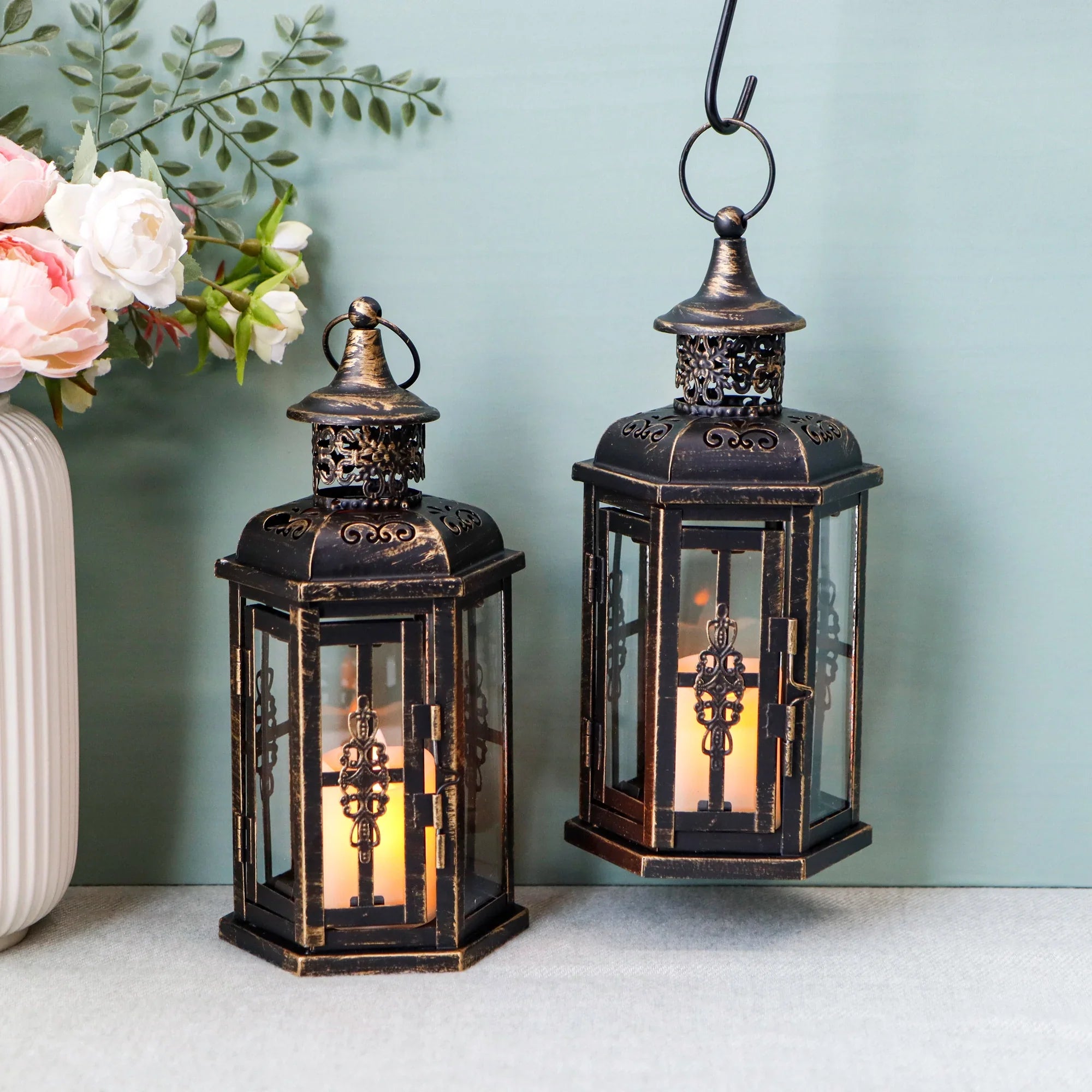 Set of 2 Decorative Lanterns -10 inch High Vintage Hanging Lantern Black