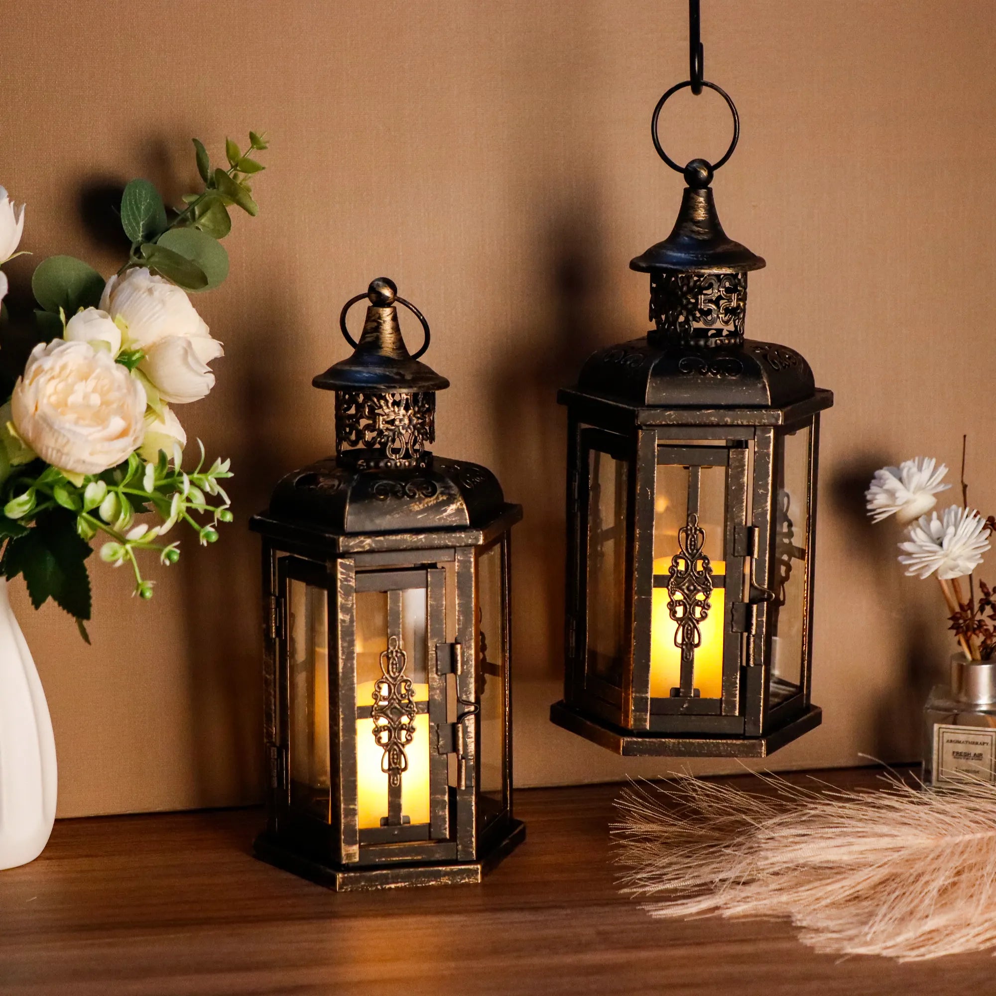 Set of 2 Decorative Lanterns -10 inch High Vintage Hanging Lantern Black