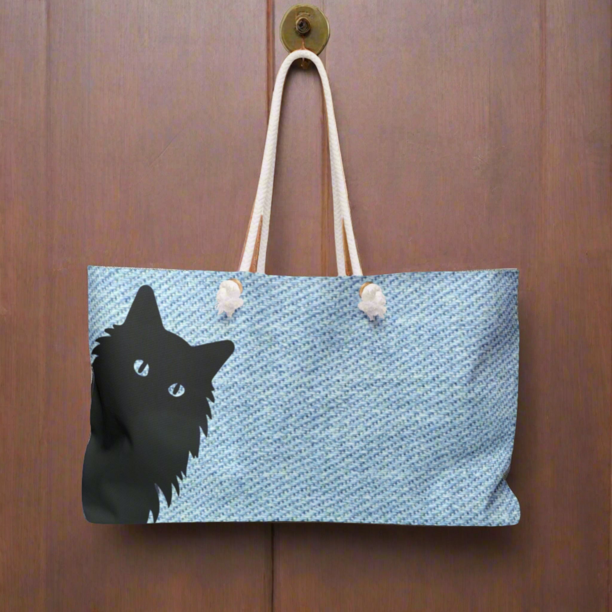 Curious Cat Weekender Tote – Blue Cat Lover Travel Bag