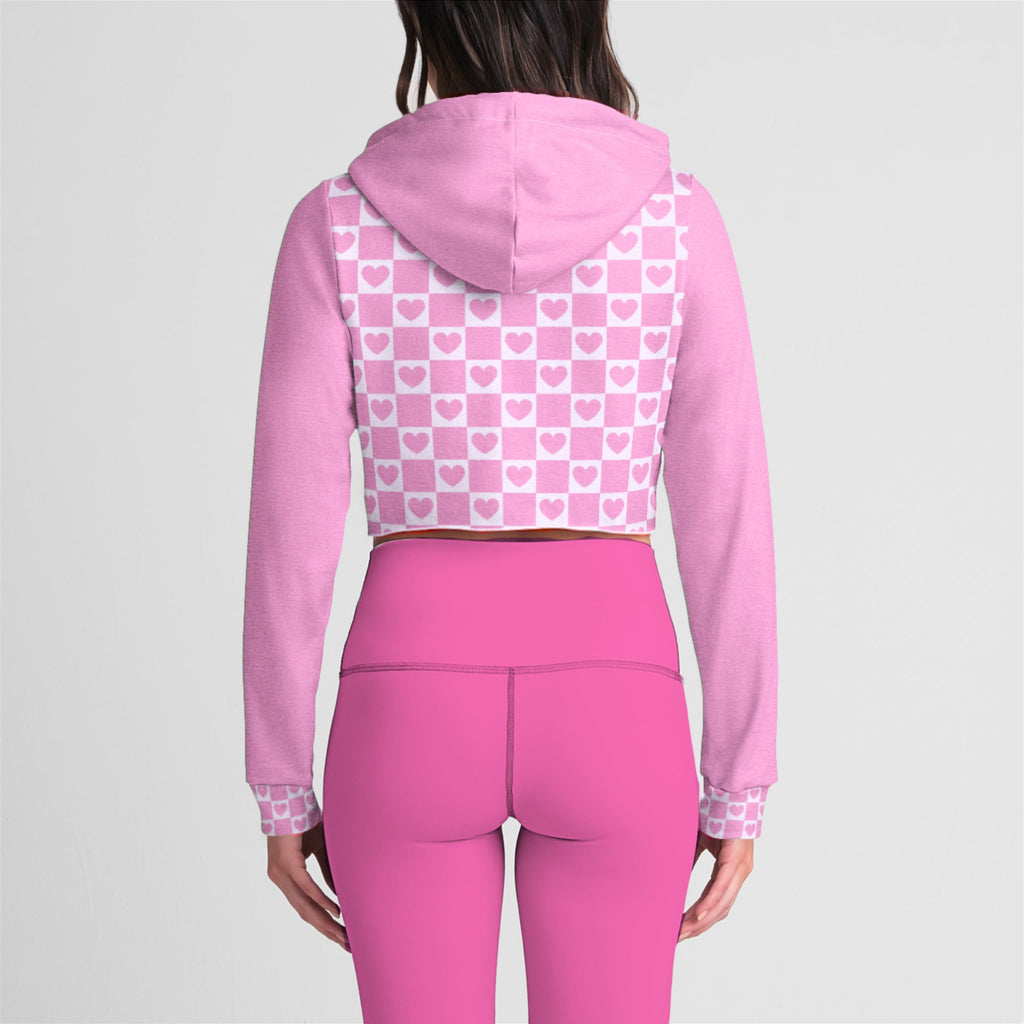 Pink Heart Grid Crop Hoodie