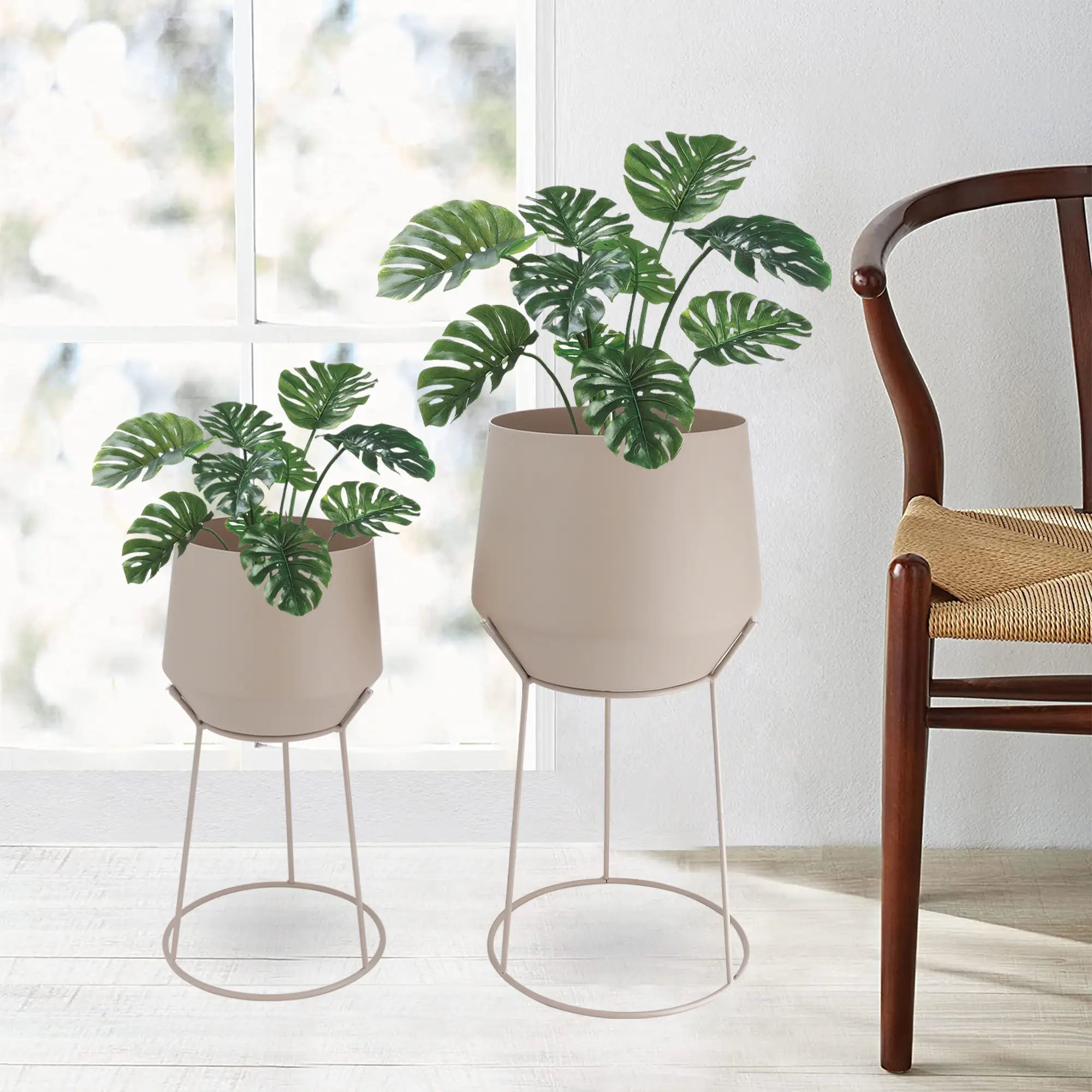 Set of 2-16"&19.5"H Set Of 2 Cream Grey Flowerpot