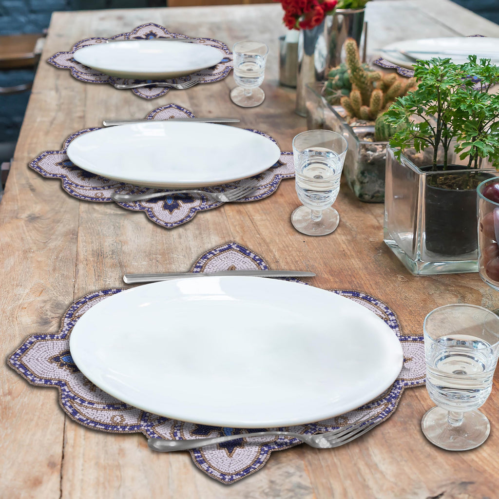 Marine Frost – Beaded Placemats in Blue White, Artistic Decorative Dining Table Accent 15x19 inch