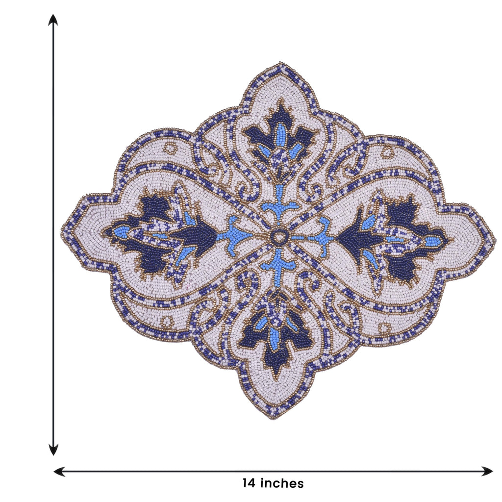 Marine Frost – Beaded Placemats in Blue White, Artistic Decorative Dining Table Accent 15x19 inch