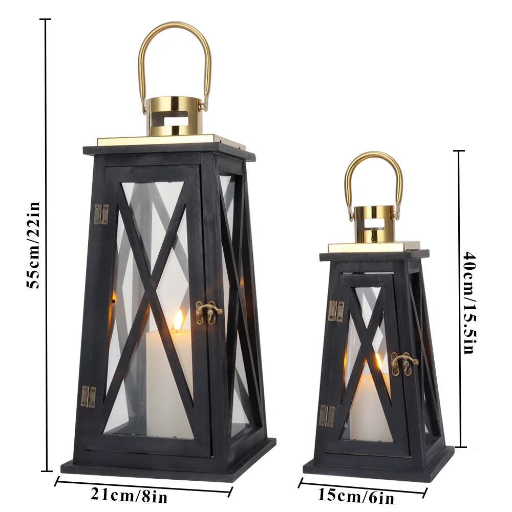 Set of 2-12''&18''H Farmhouse Wooden Lantern(Black Trapezoid)