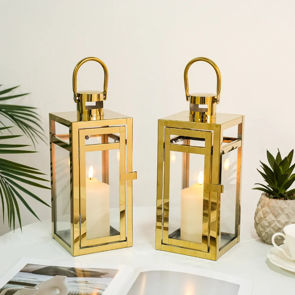12'' High Metal Candle Holder Outdoor Candle Lantern with Tempered Panels