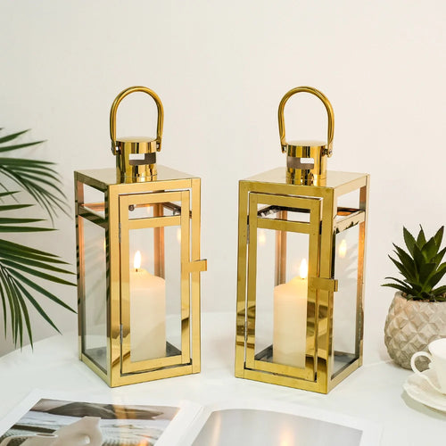 12'' High Metal Candle Holder Outdoor Candle Lantern with Tempered Panels