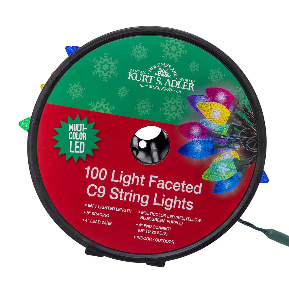 100-Light Multicolor LED Faceted C9 Green Wire String Lights