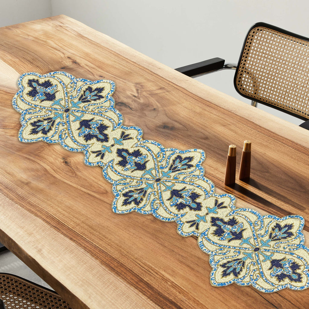 Beaded Table Runner - Blue White 54" x 13"