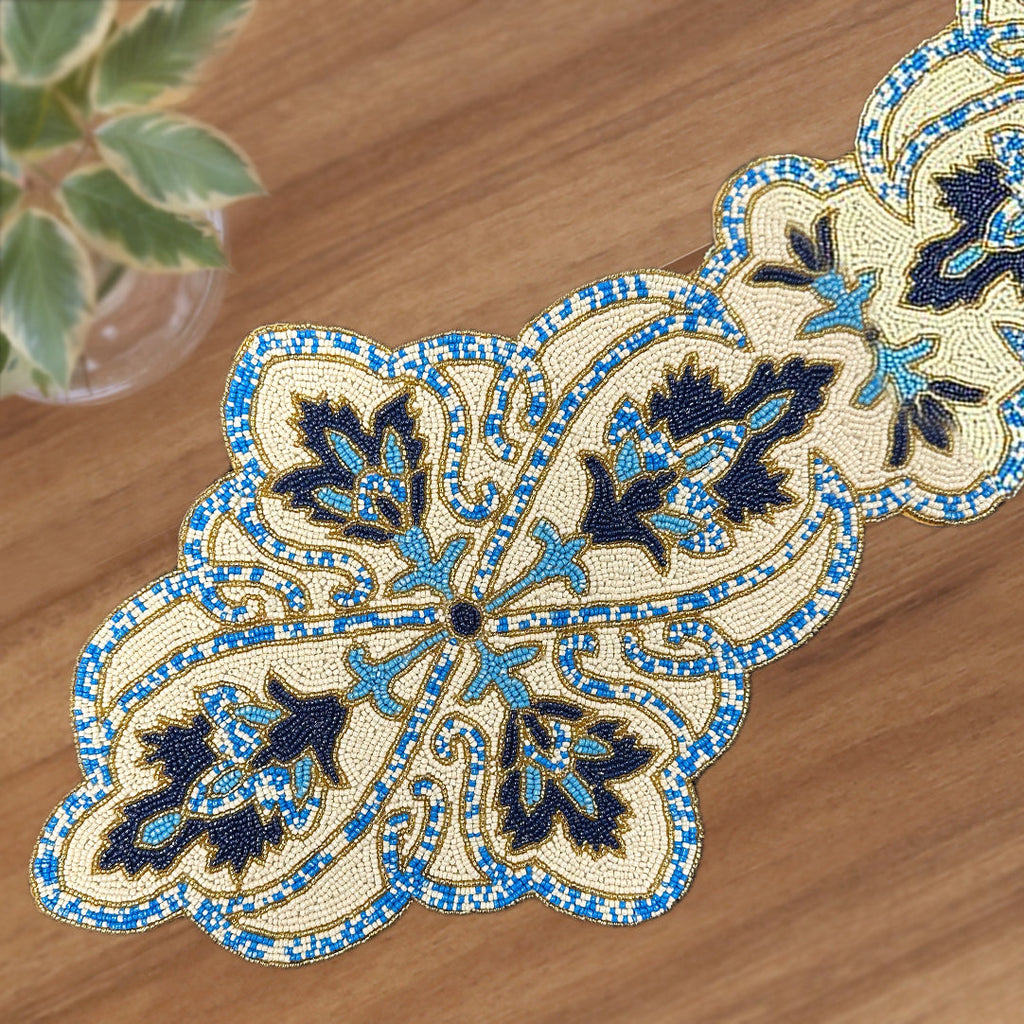 Beaded Table Runner - Blue White 54" x 13"
