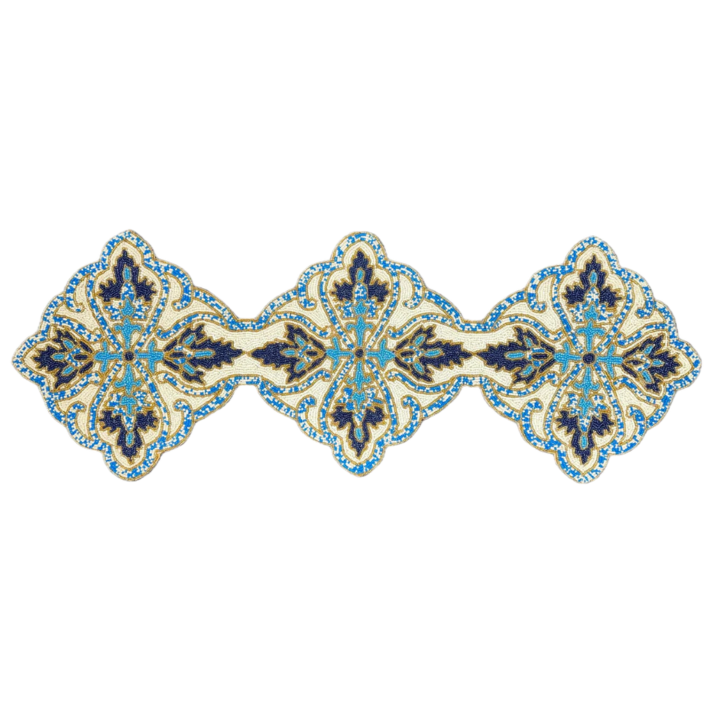 Beaded Table Runner - Blue White 54" x 13"