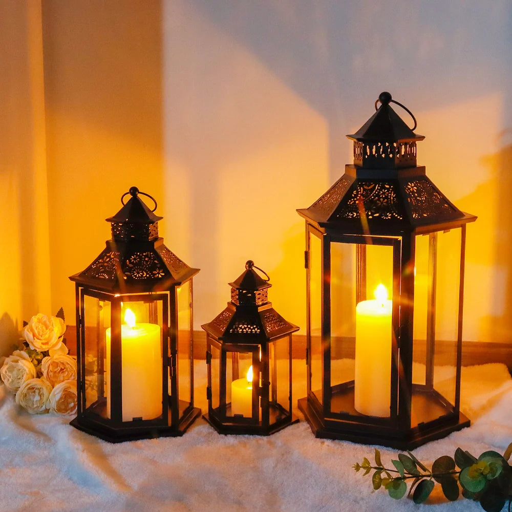 Set of 3 18''&13"&10"High Black Hexagonal Decorative Hanging Lantern
