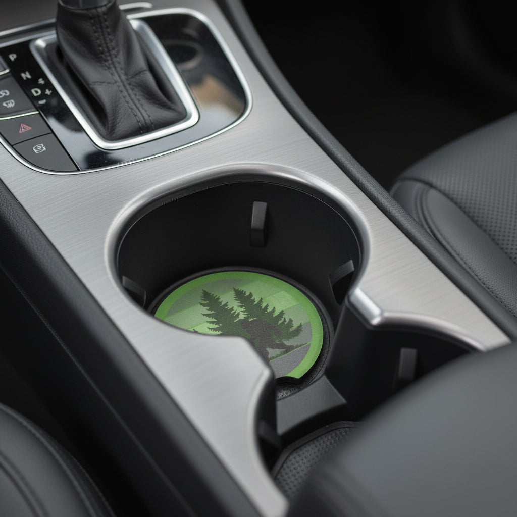 Sasquatch & Cat Car Coaster – Bigfoot Forest Cup Holder Coaster