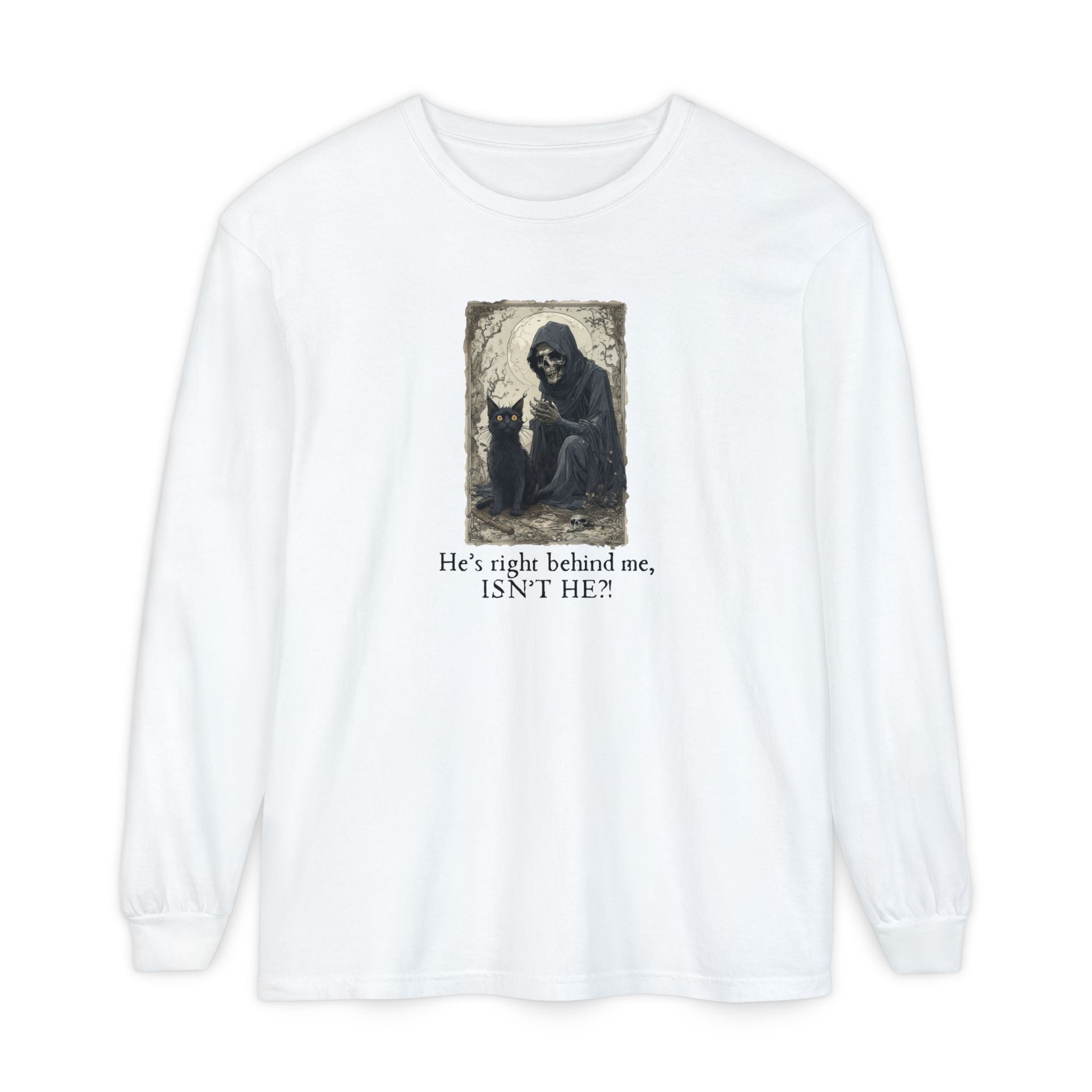 Spooky Cat Grim Reaper Long-Sleeve T-Shirt – Perfect for Halloween Fans