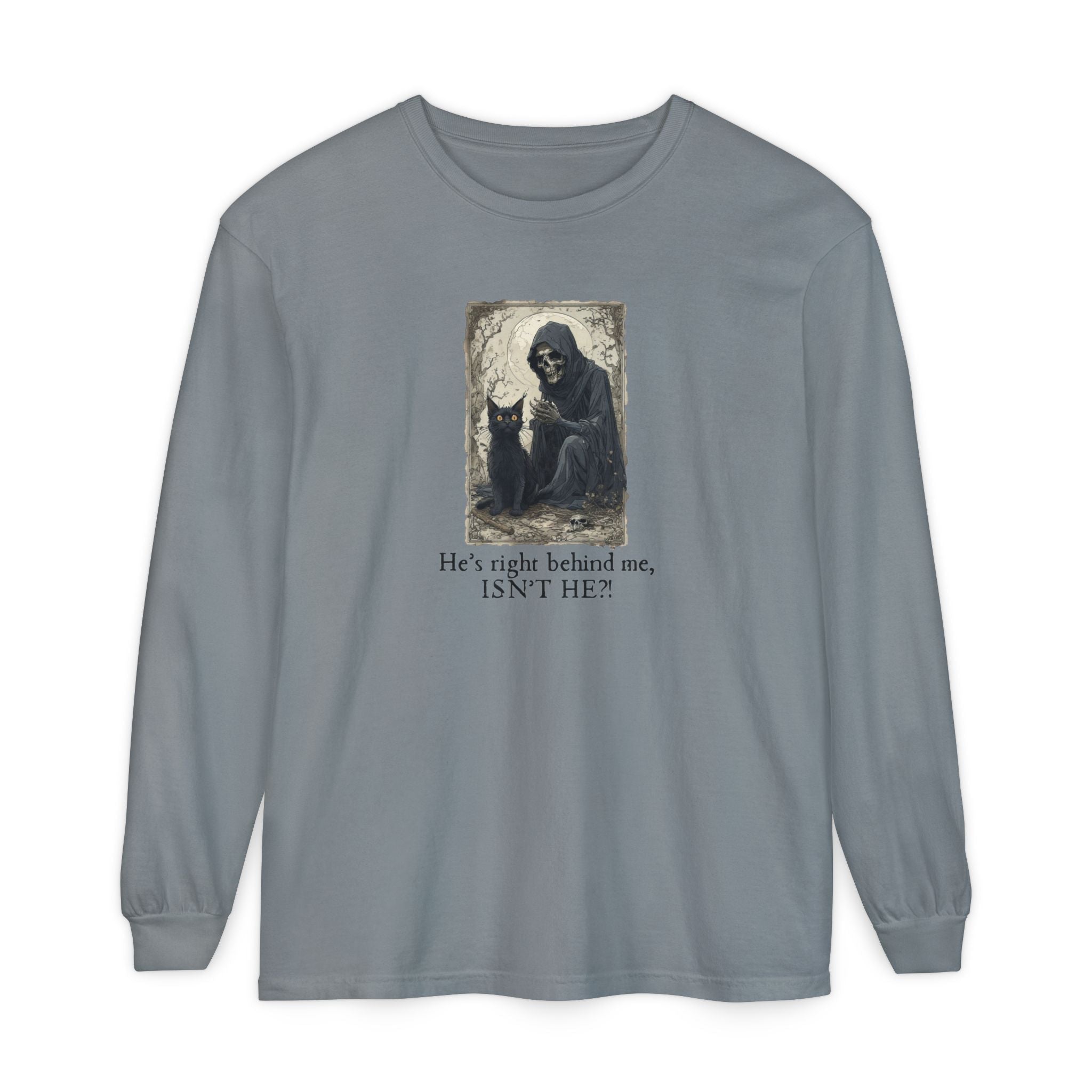 Spooky Cat Grim Reaper Long-Sleeve T-Shirt – Perfect for Halloween Fans