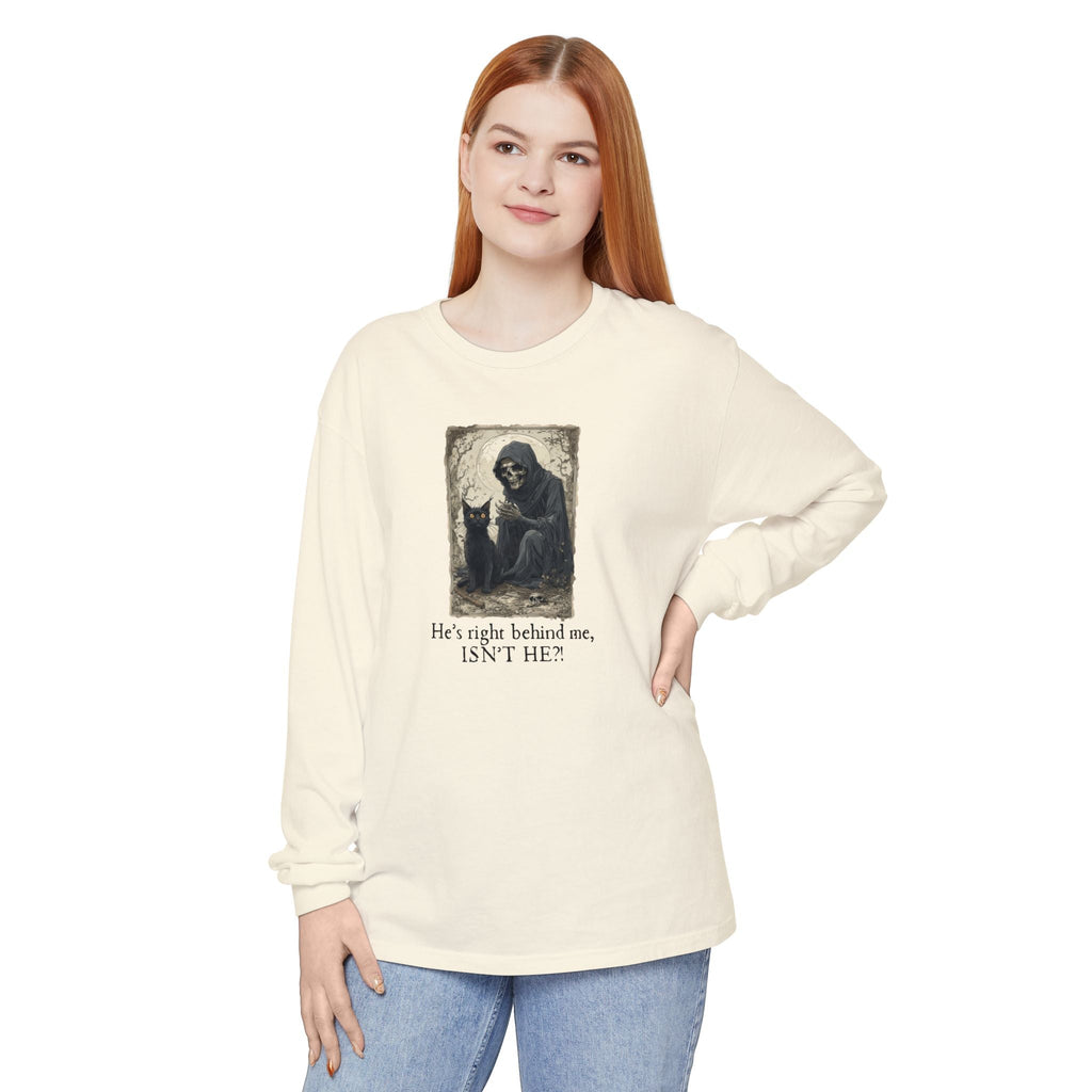 Spooky Cat Grim Reaper Long-Sleeve T-Shirt – Perfect for Halloween Fans