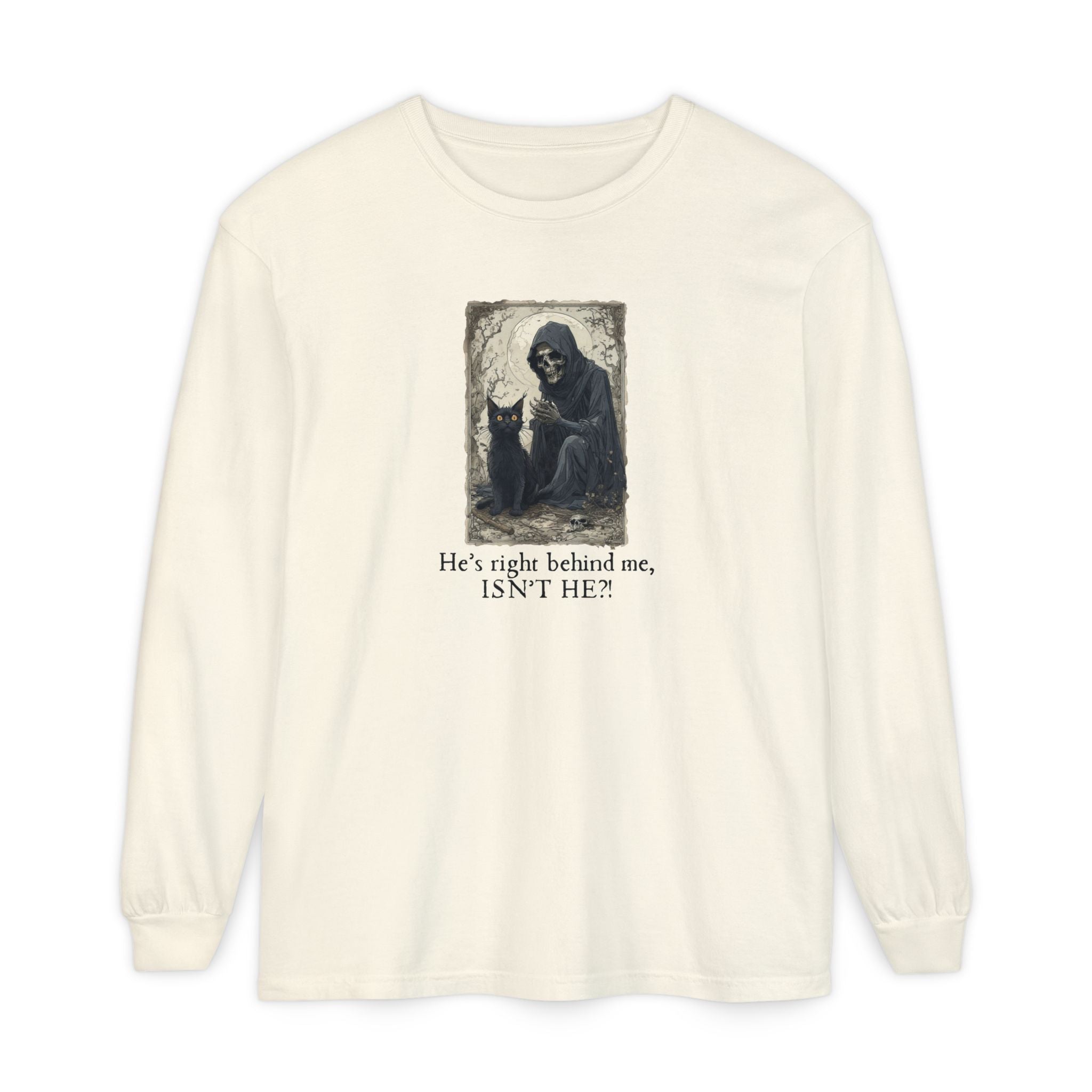 Spooky Cat Grim Reaper Long-Sleeve T-Shirt – Perfect for Halloween Fans