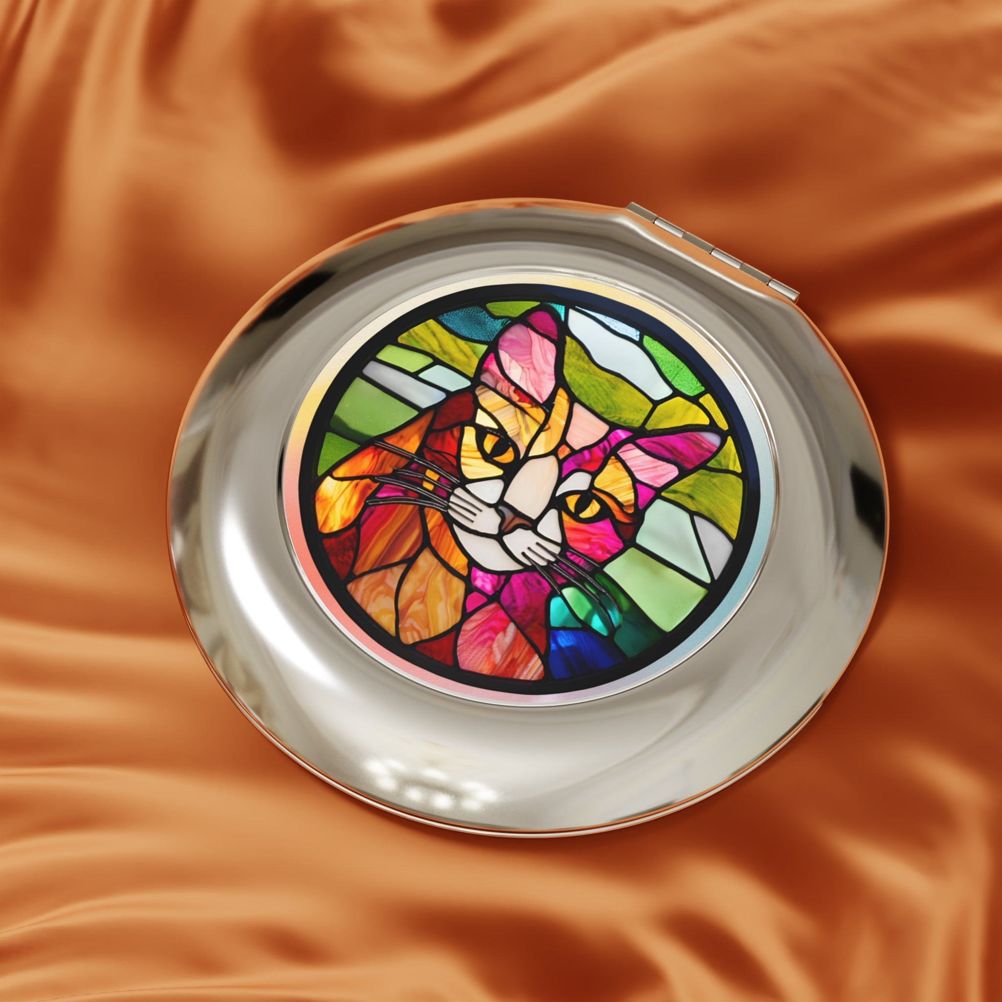 Stained Glass Cat Compact Travel Mirror - Perfect for Pet Lovers