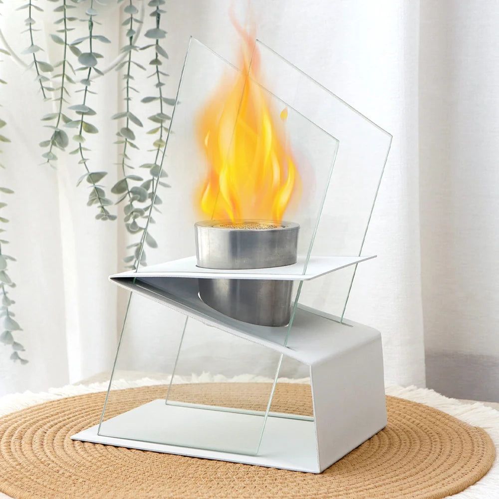 White Tabletop Fireplace 13.8" High Iron Folding Base Decorative Ethanol Fire Pit