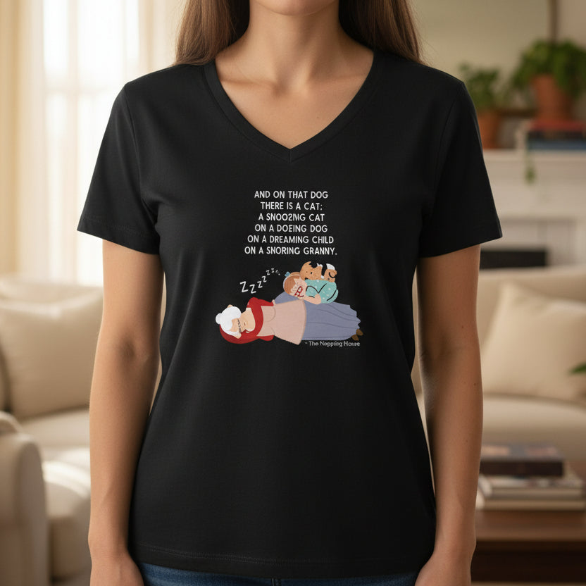 The Napping House Unisex V-Neck Tee – Cozy Cat, Dog & Granny Sleeping Shirt