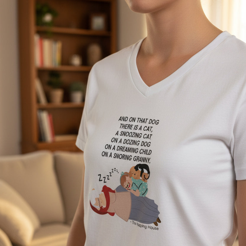 The Napping House Unisex V-Neck Tee – Cozy Cat, Dog & Granny Sleeping Shirt