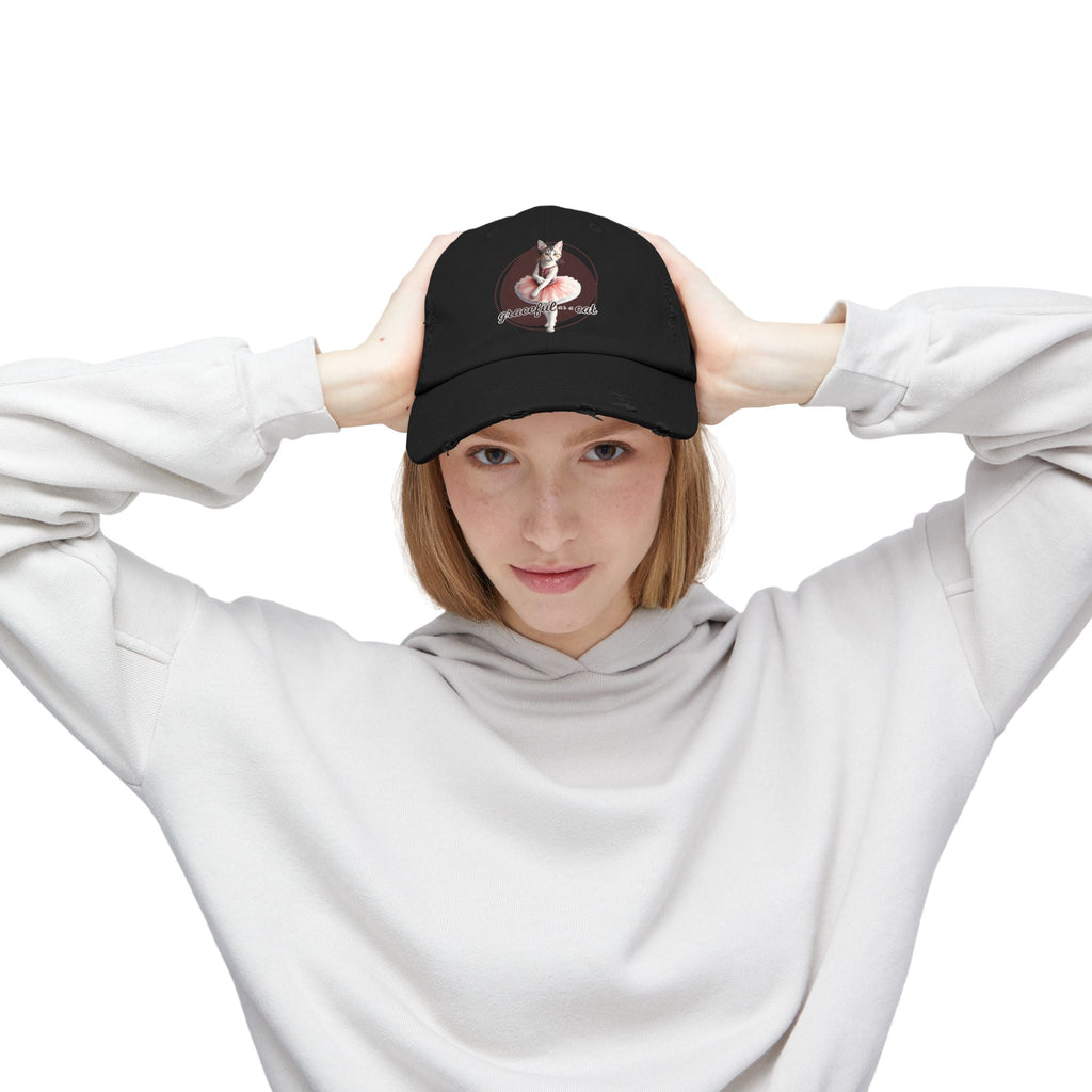 Unisex Distressed Cap - 'Graceful as a Cat' Fun Cat Lover Hat
