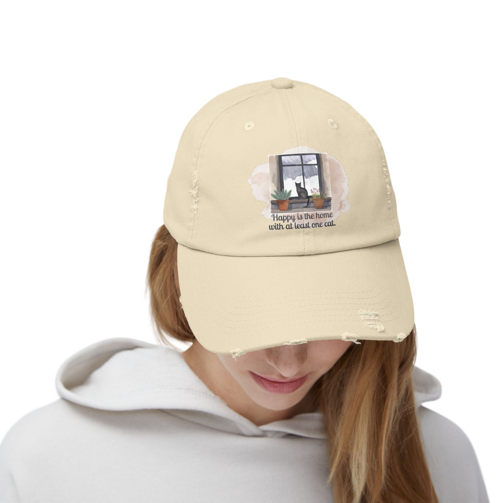 Unisex Distressed Cap - Home with One Cat Distressed Cap