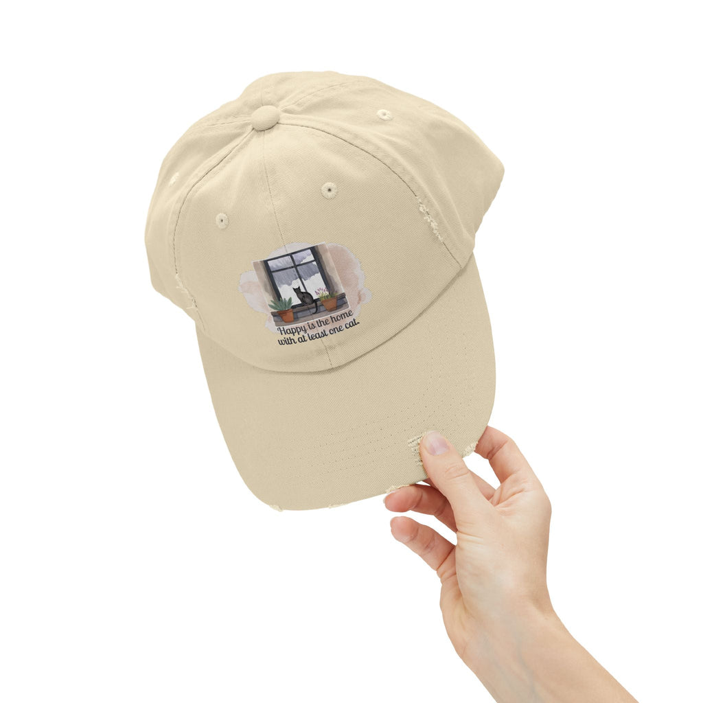 Unisex Distressed Cap - Home with One Cat Distressed Cap