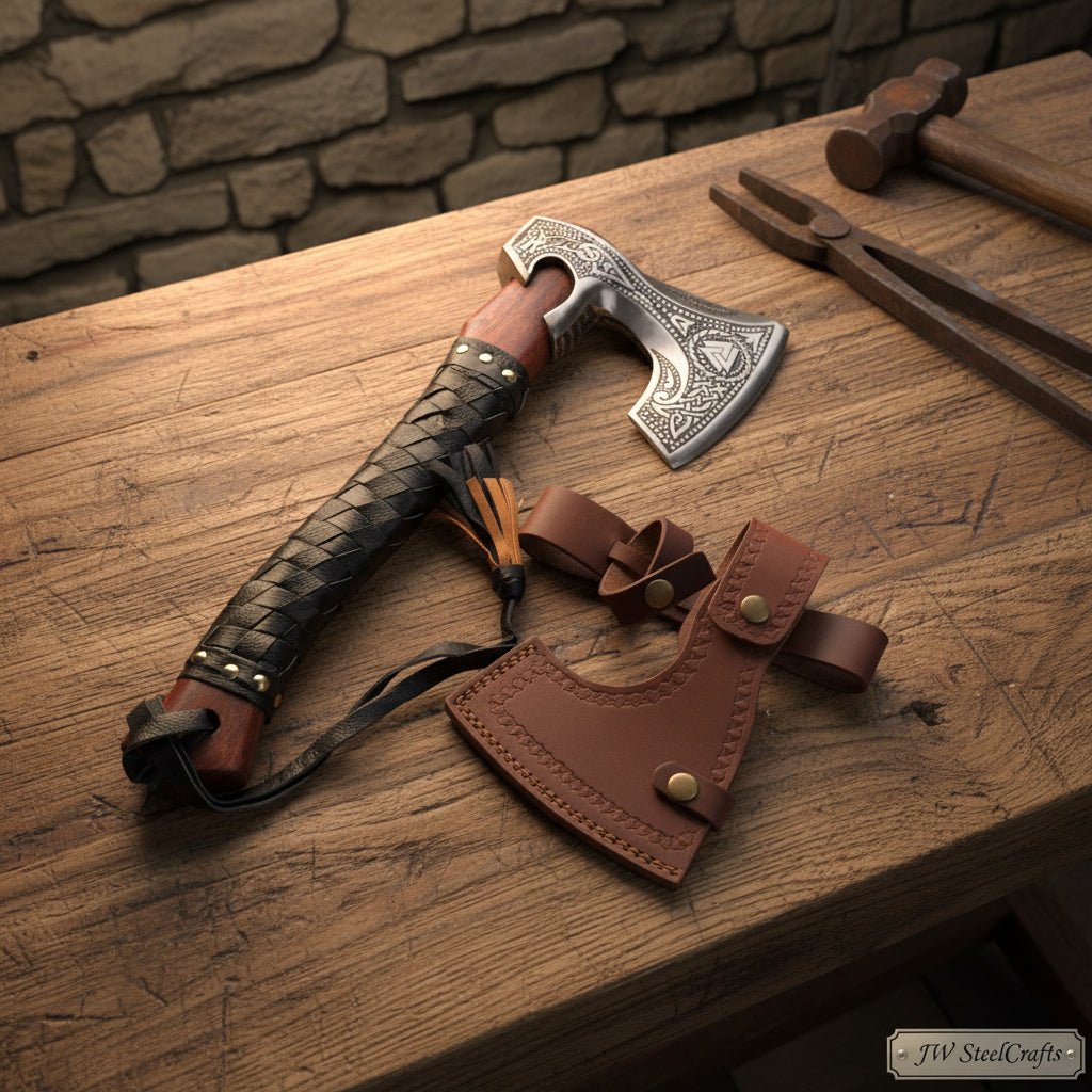 Viking Rune Engraved Bearded Hatchet with Leather Wrapped Handle and Belt Sheath | JW SteelCrafts
