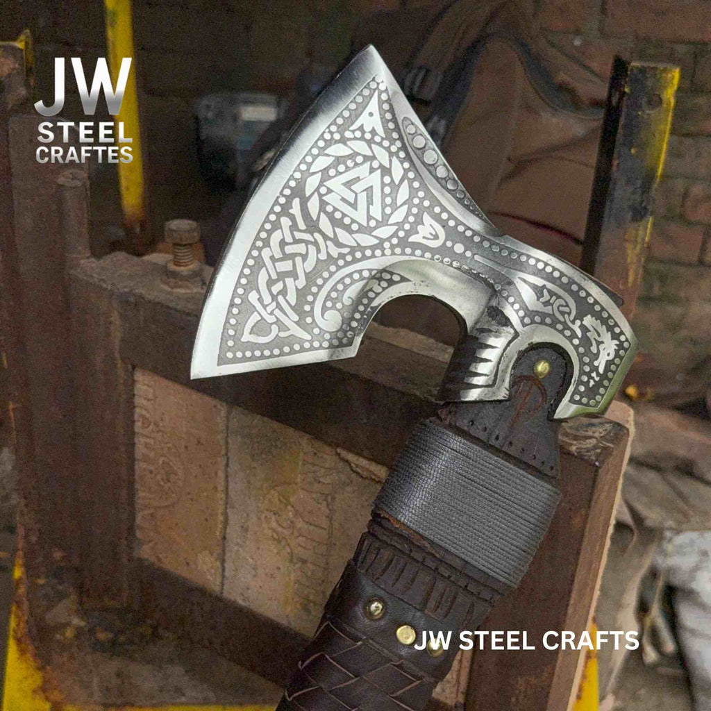 Viking Style Engraved Axe | Handcrafted Leather Wrapped Handle