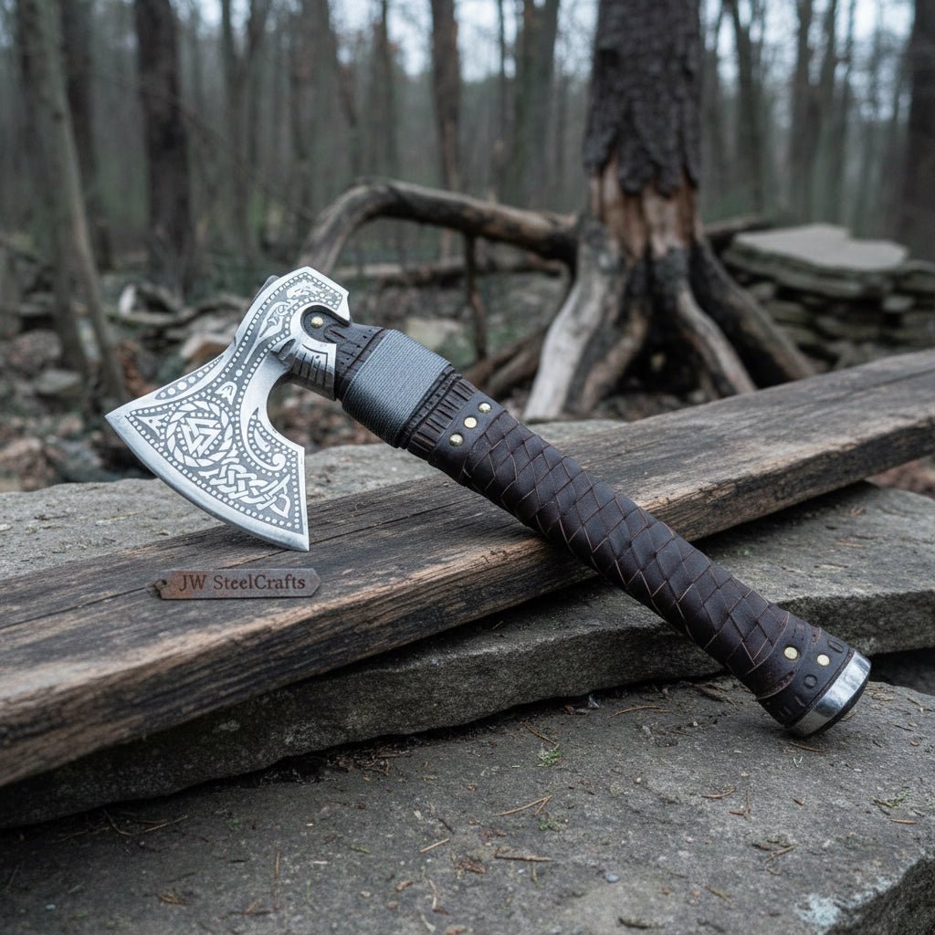 Viking Style Engraved Axe | Handcrafted Leather Wrapped Handle