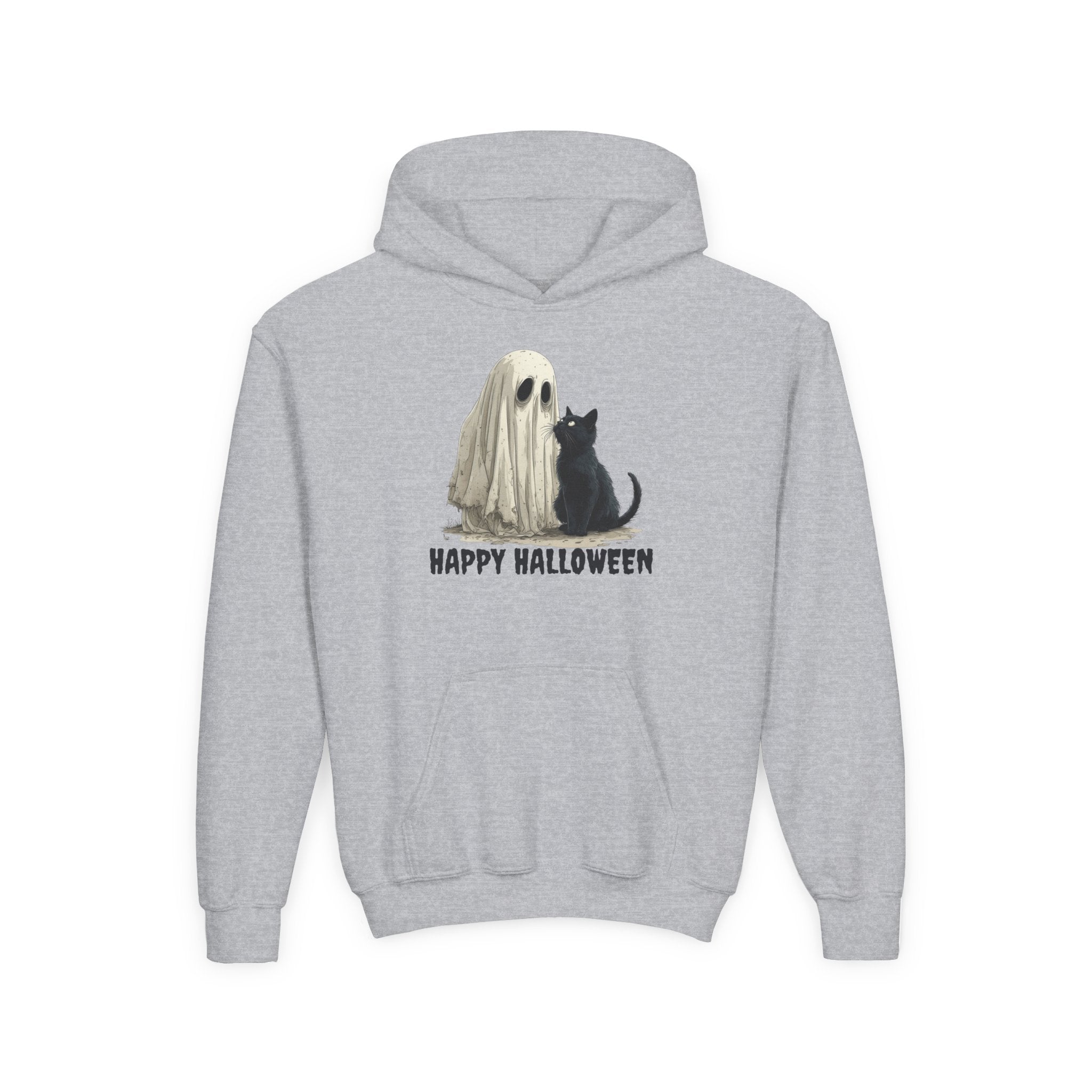 Youth Halloween Ghost & Cat Hoodie for Fun and Festive Celebrations