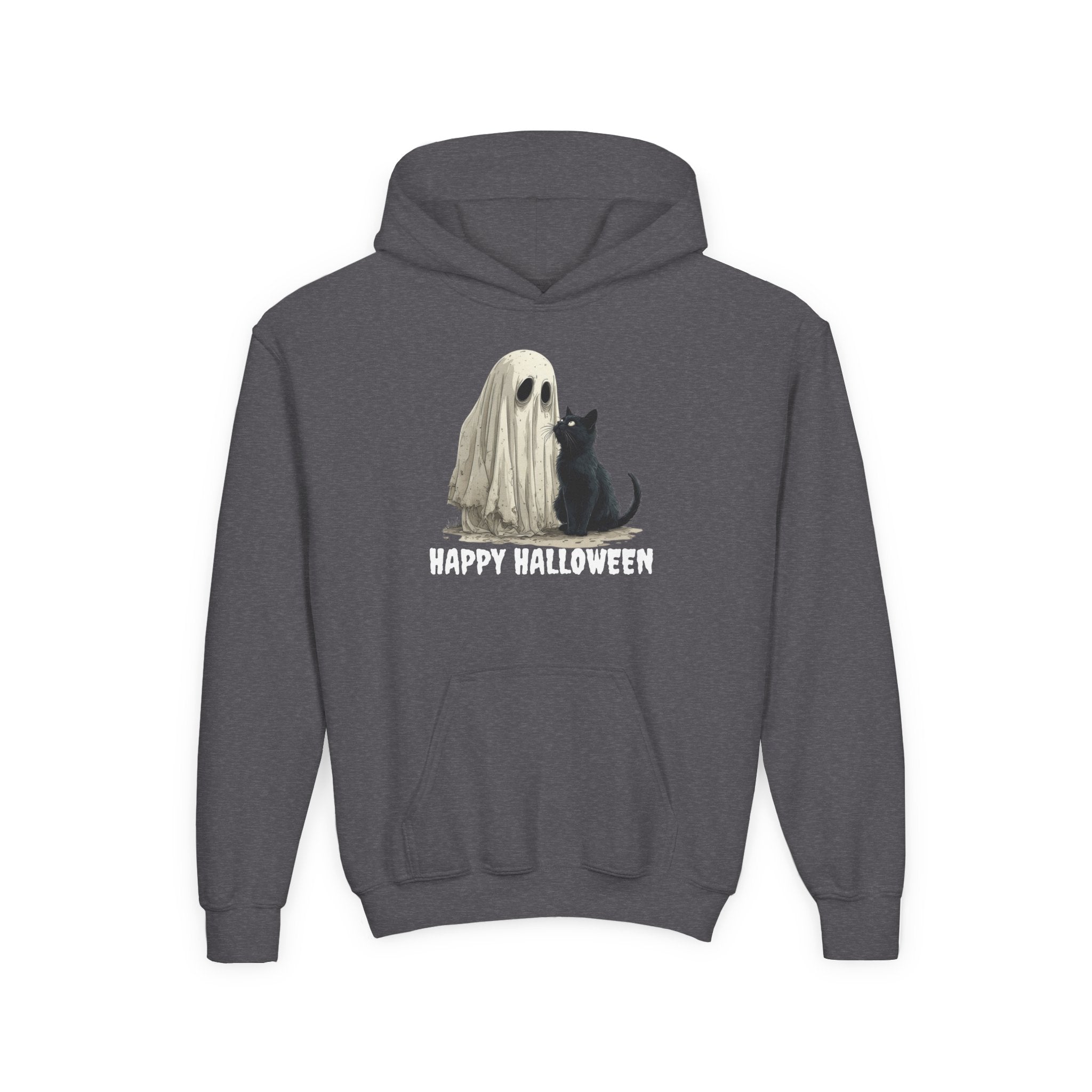Youth Halloween Ghost & Cat Hoodie for Fun and Festive Celebrations
