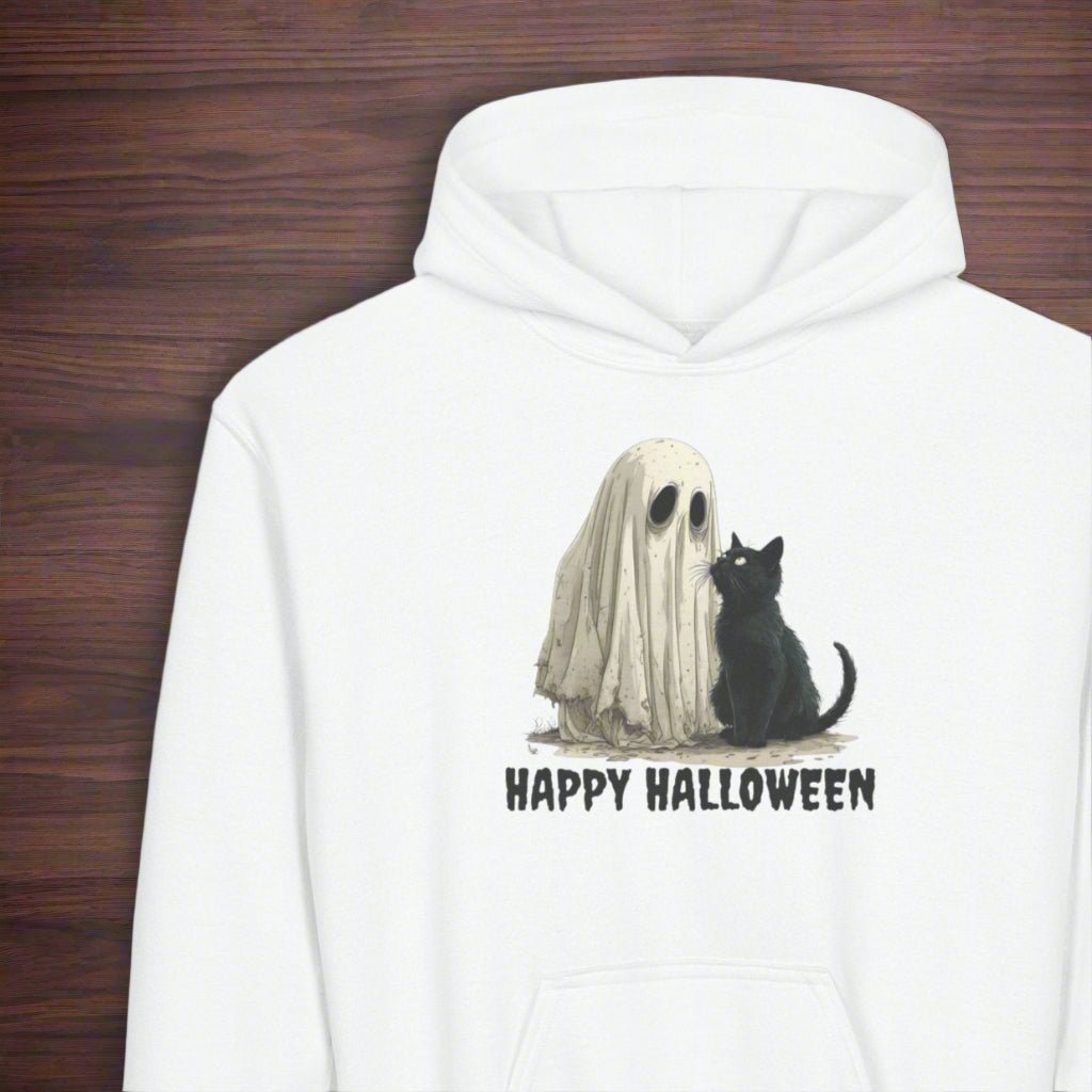 Youth Halloween Ghost & Cat Hoodie for Fun and Festive Celebrations
