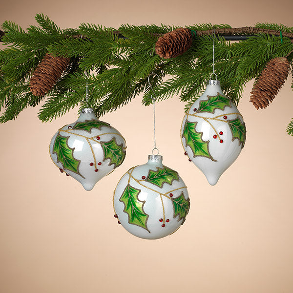 7 Inch Glass Holly Ornament - Oval