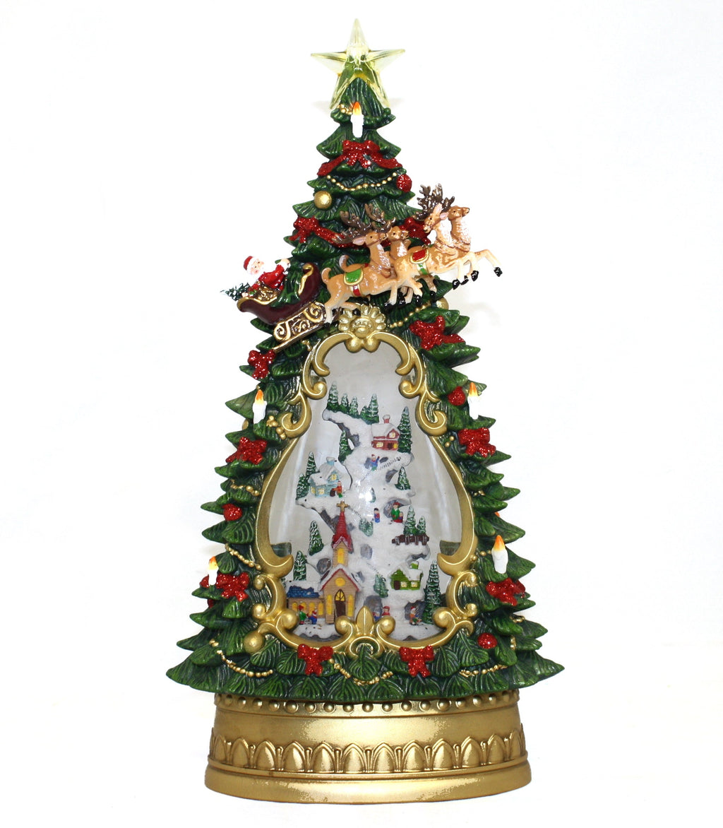 Holiday Village Tree and Church LED Swirl Water Globe